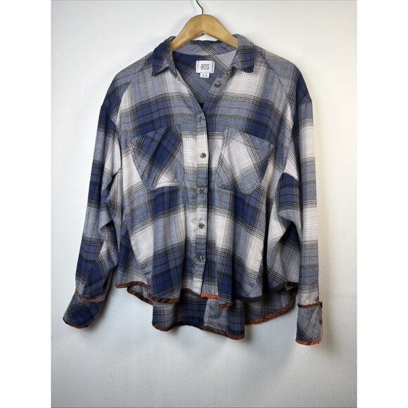 BDG blue plaid cropped flannel shirt oversized streetwear y2k bohemian medium - Picture 3 of 14